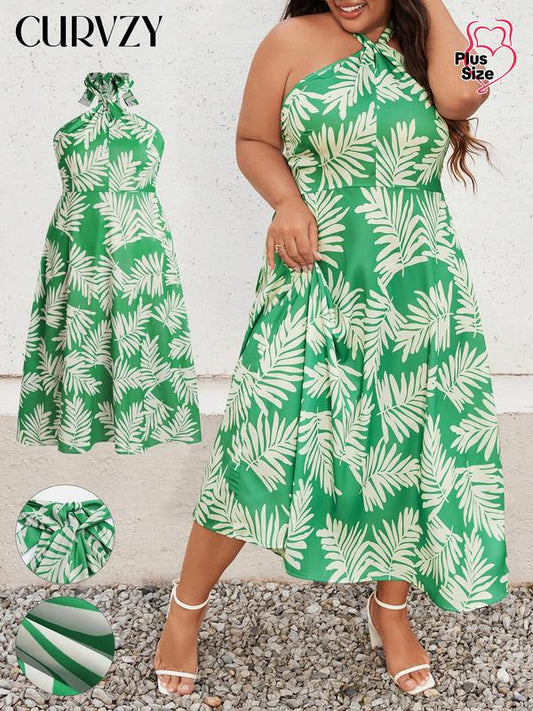Curvzy Plus Leaf Print Shirred Tank Dress