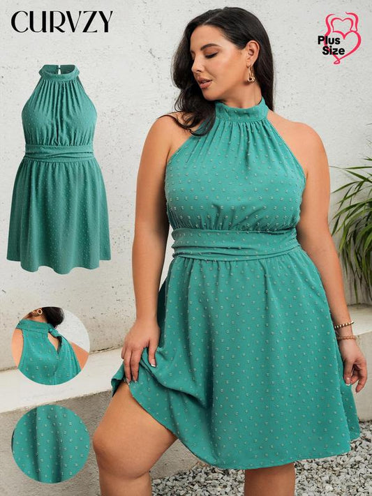 Curvzy Plus Elegant Swiss Dot A-line Dress