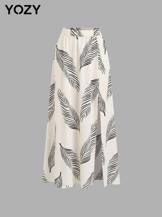 Yozy Leaf Print Split Hem Skirt
