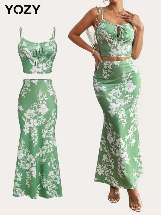 Yozy Floral Ruched Cut Out Crop Top & Mermaid Skirt Set