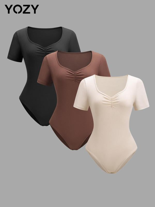 3pcs Solid Sweetheart Neck Ribbed Bodysuit Set