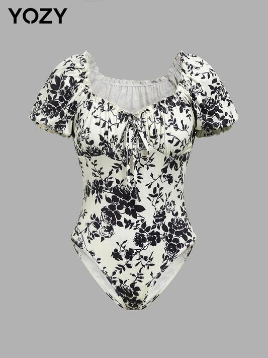 Ditsy Floral Print Frill Trim Puff Sleeve Bodysuit with Open Crotch Design