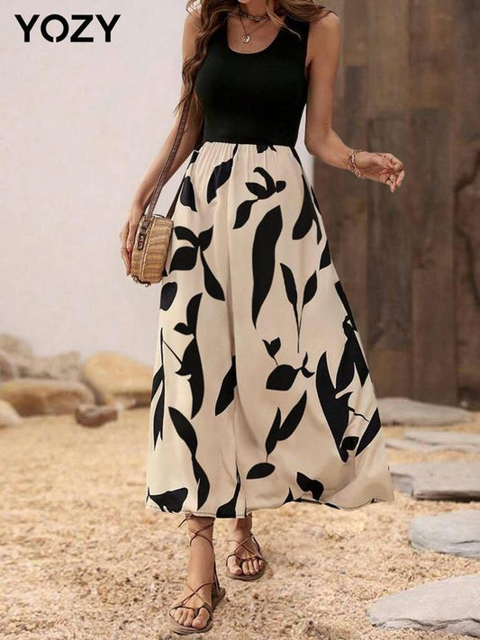 Yozy Color Block Leaf Print A-line Long Dress