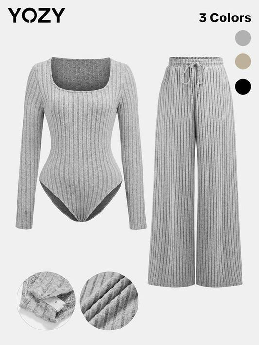 YOZY Women's Ribbed Square Neck Bodysuit & Drawstring Wide Leg Pants Set - Spring/Fall Comfort Co-ord