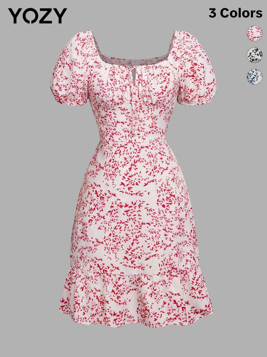 Yozy Summer Floral Puff Sleeve Ruffle Hem Dress