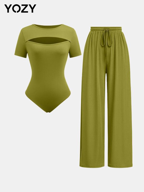 Short Sleeve Bodysuit & Drawstring Waist Wide Leg Pants Set