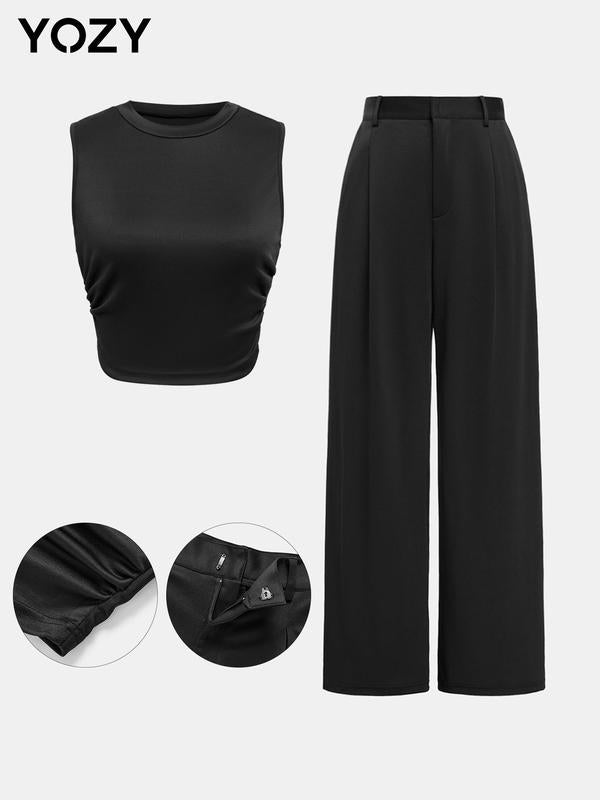 2pcs Ruched Crop Tank Top & Plicated Wide Leg Pants Set