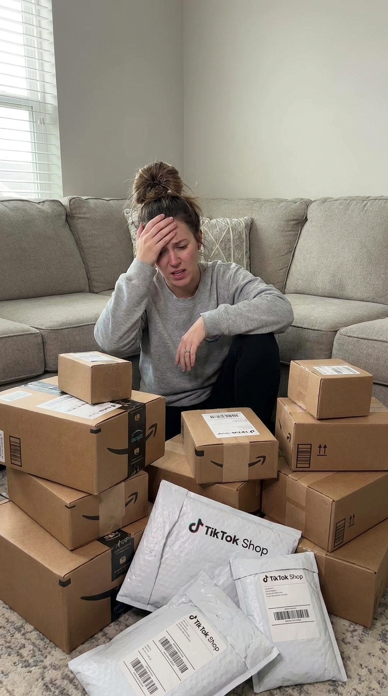 Creator surrounded by a pile of Amazon and TikTok Shop packages