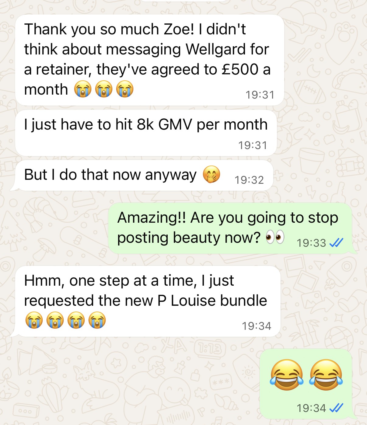 WhatsApp message: creator secures £500/month retainer with Wellgard