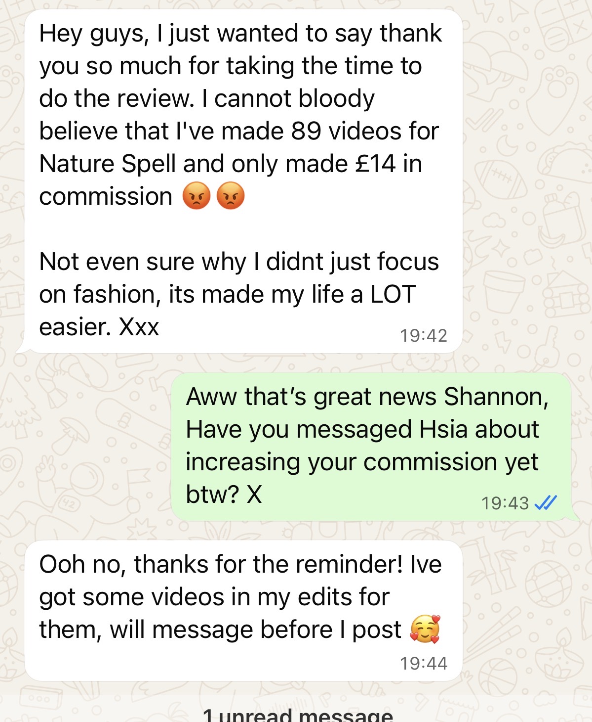 WhatsApp message: creator realises 89 Nature Spell videos earned only £14 commission